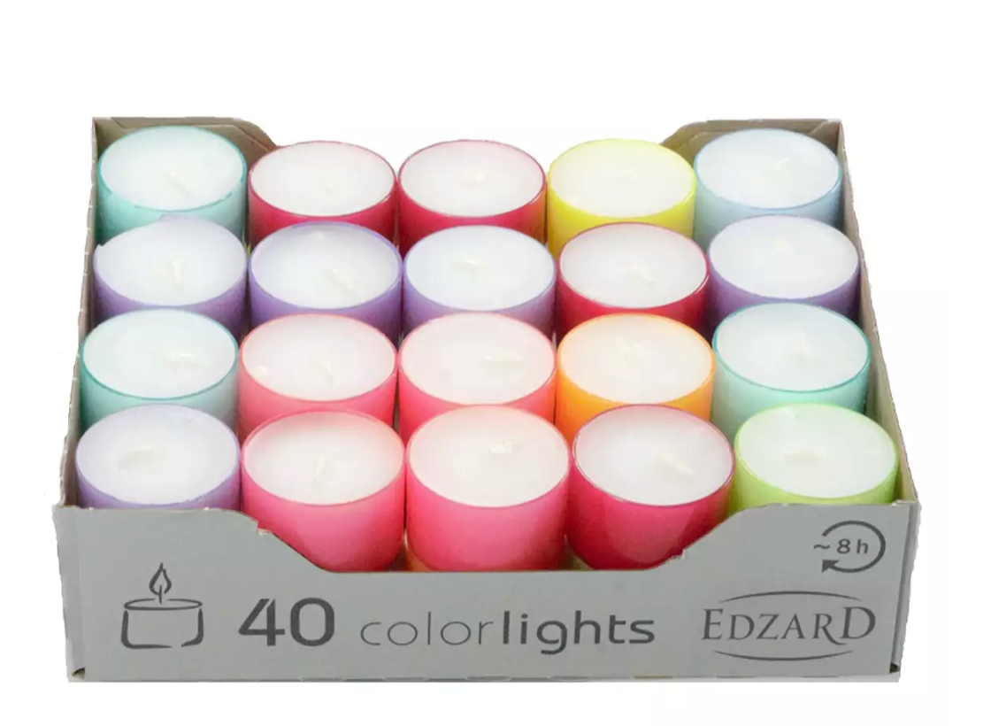 Edzard 40 Stück Colorlights Summer Teelichter, weiß, bunte Kunststoffhülle, Brenndauer ca. 8 h-Stil-Ambiente-7852