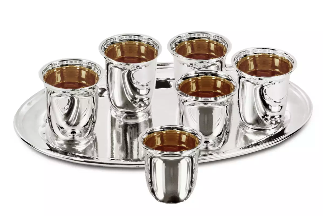 Edzard Schnapsset 7-teilig, 6 Becher und Tablett, schwerversilbert, 22x15 cm, Becher H 5 cm, Füllmenge 4 cl-Stil-Ambiente-2094