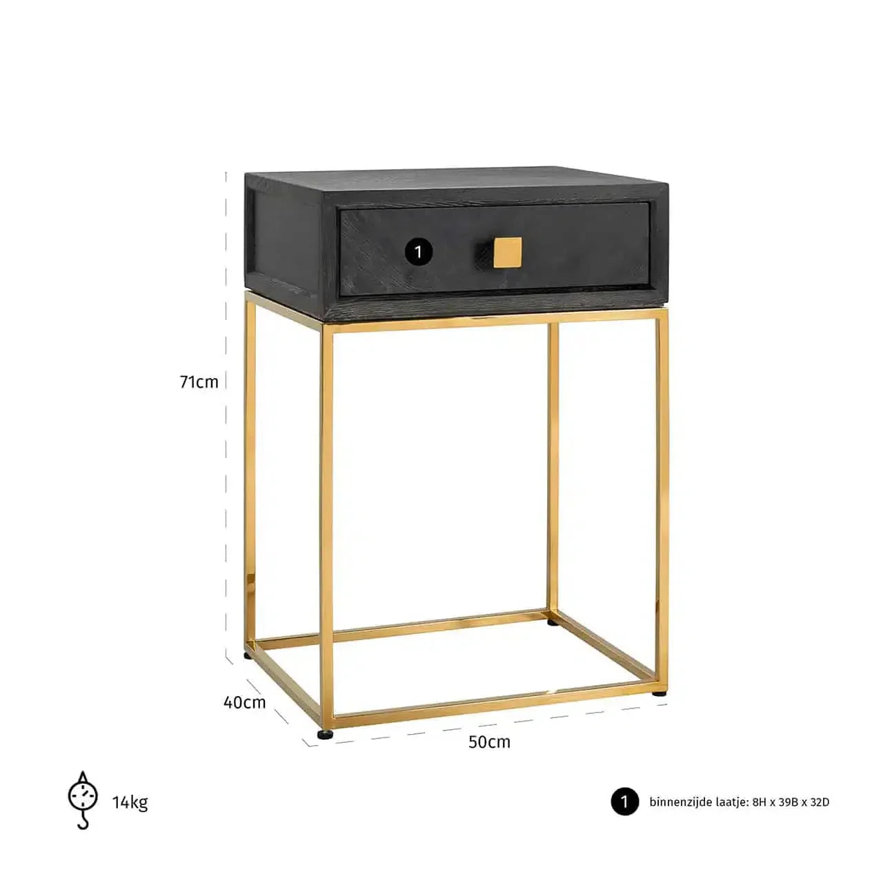 Richmond Interiors Bedside Table Blackbone Gold 1 Drawer (Black Rustic)