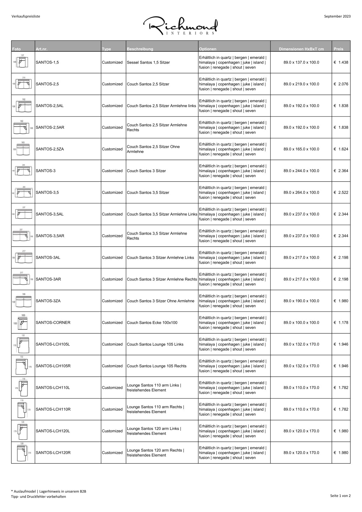 Richmondi interjöörid diivani diivan Santos 2.5 Sitzer + SOOGE Parempoolne 170cm sügavus x 312cm Laius