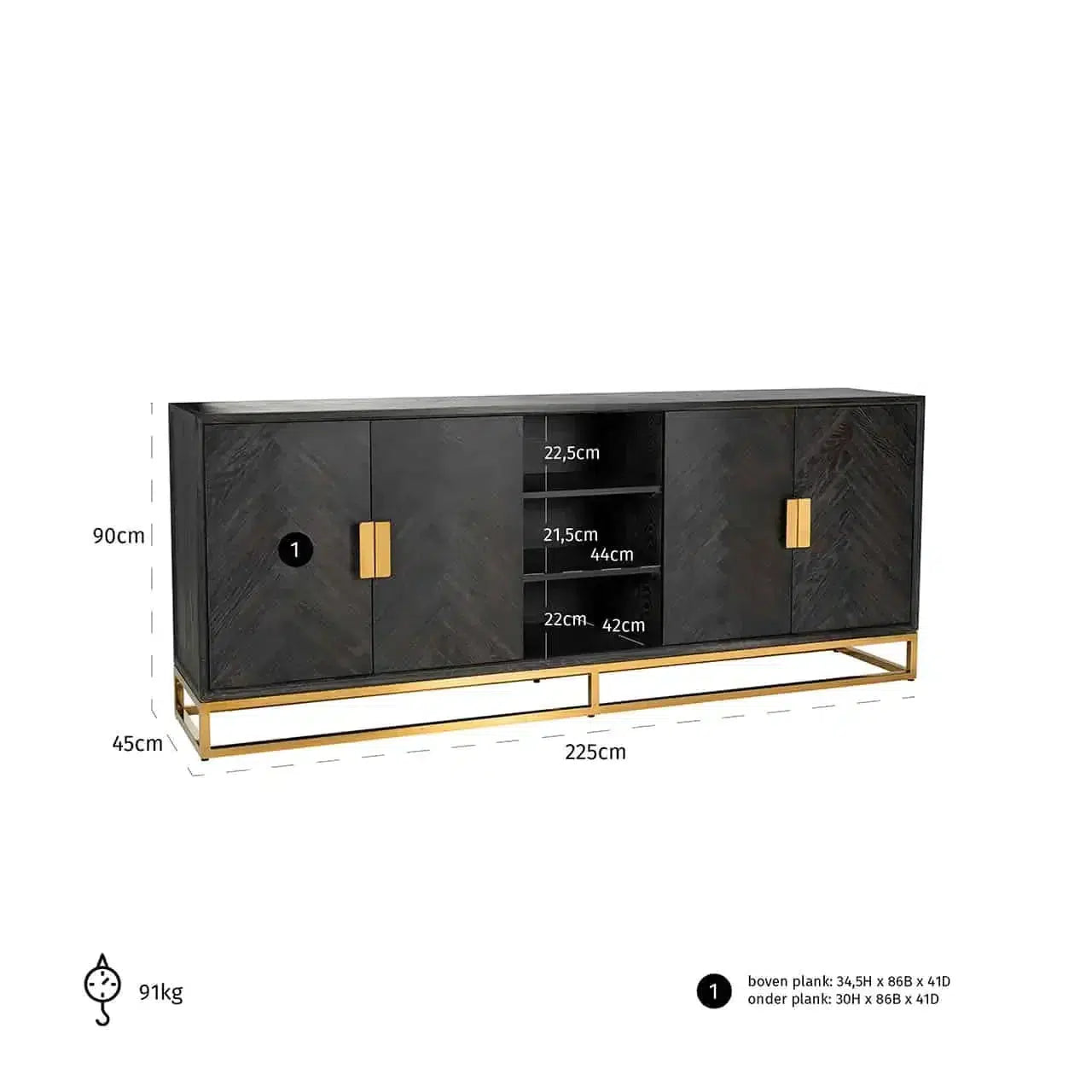 Richmond Interiors Sideboard Anrichte Blackbone gold 4-Türer + offenes Fach (Schwarz rustikal)-sideboard-Stil-Ambiente-8720621604921