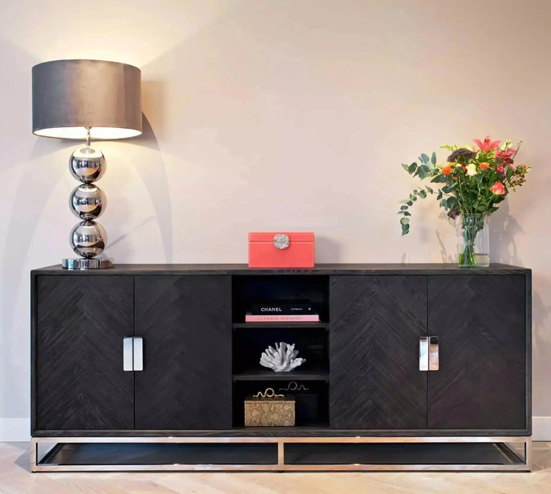 Richmond Interiors Sideboard Anrichte Blackbone silver 4-Türer + offenes Fach (Schwarz rustikal)-sideboard-Stil-Ambiente-8720621604624